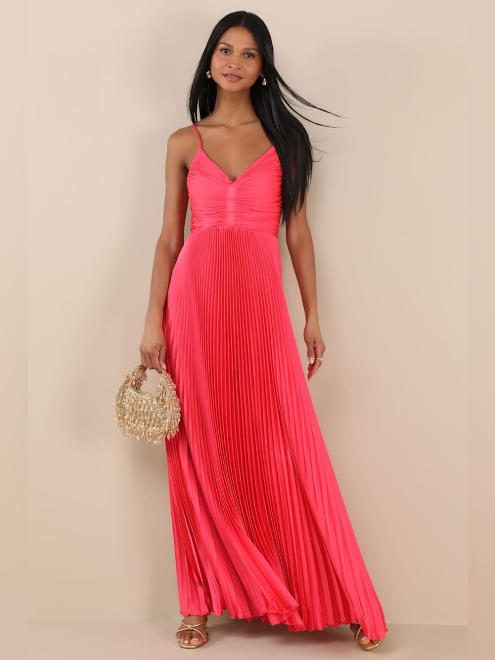 Lulus Dreaming in Color Coral V-Neck Pleated Satin Maxi Dress